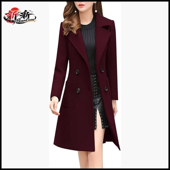 Jackets & Blazers - Wool Blend Pea Coat Notched Lapel Double Breasted Mid Long Overcoat